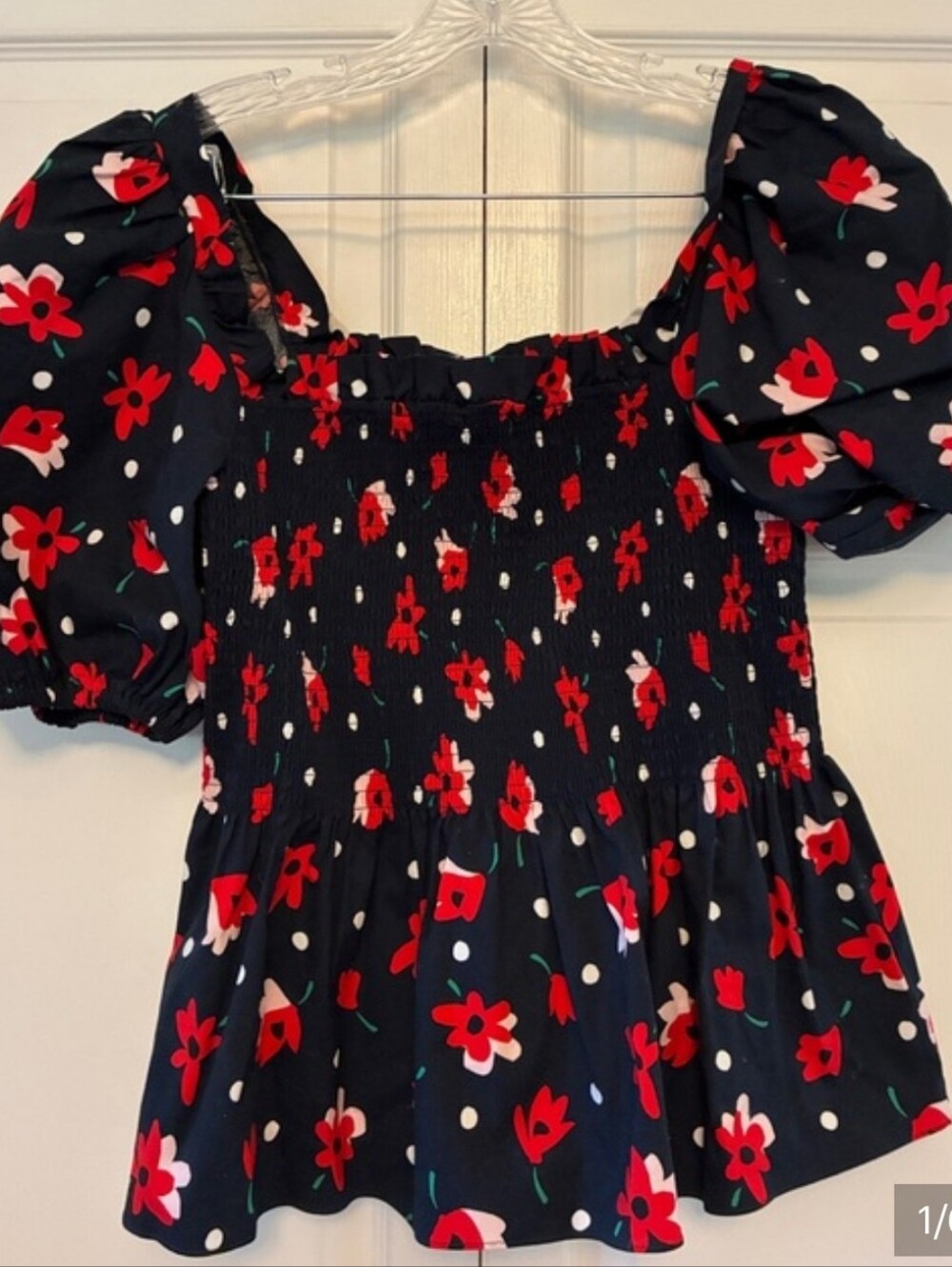 kate spade Navy Red Floral Smocked Puff-Sleeve Dress - Picture 6 of 6